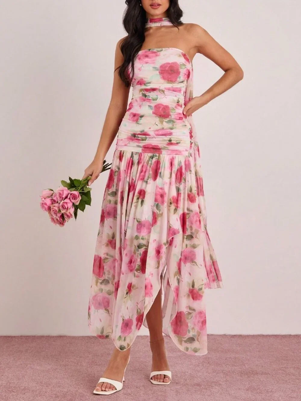 Multicolor Women's Romantic & Floral Print Ruched Fitted Maxi Tube Dress